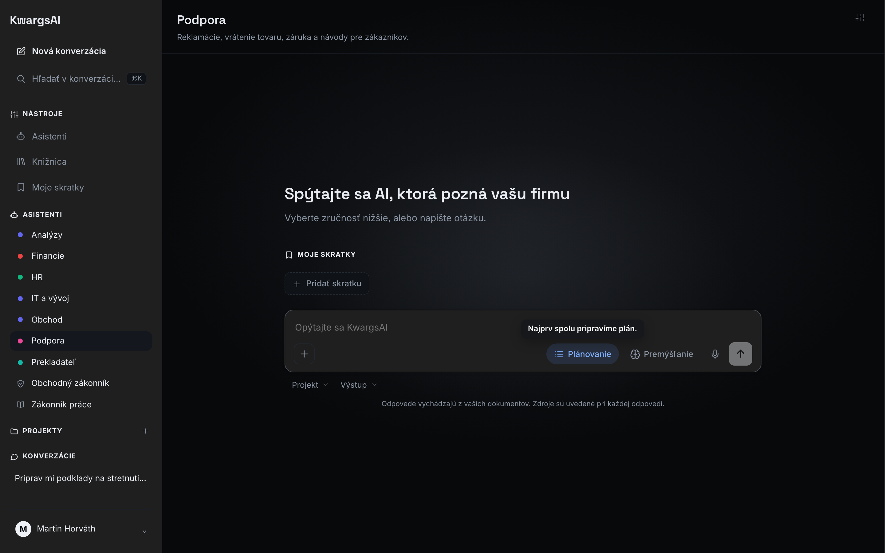 Tlačidlo Plánovanie vedľa Premýšľania
