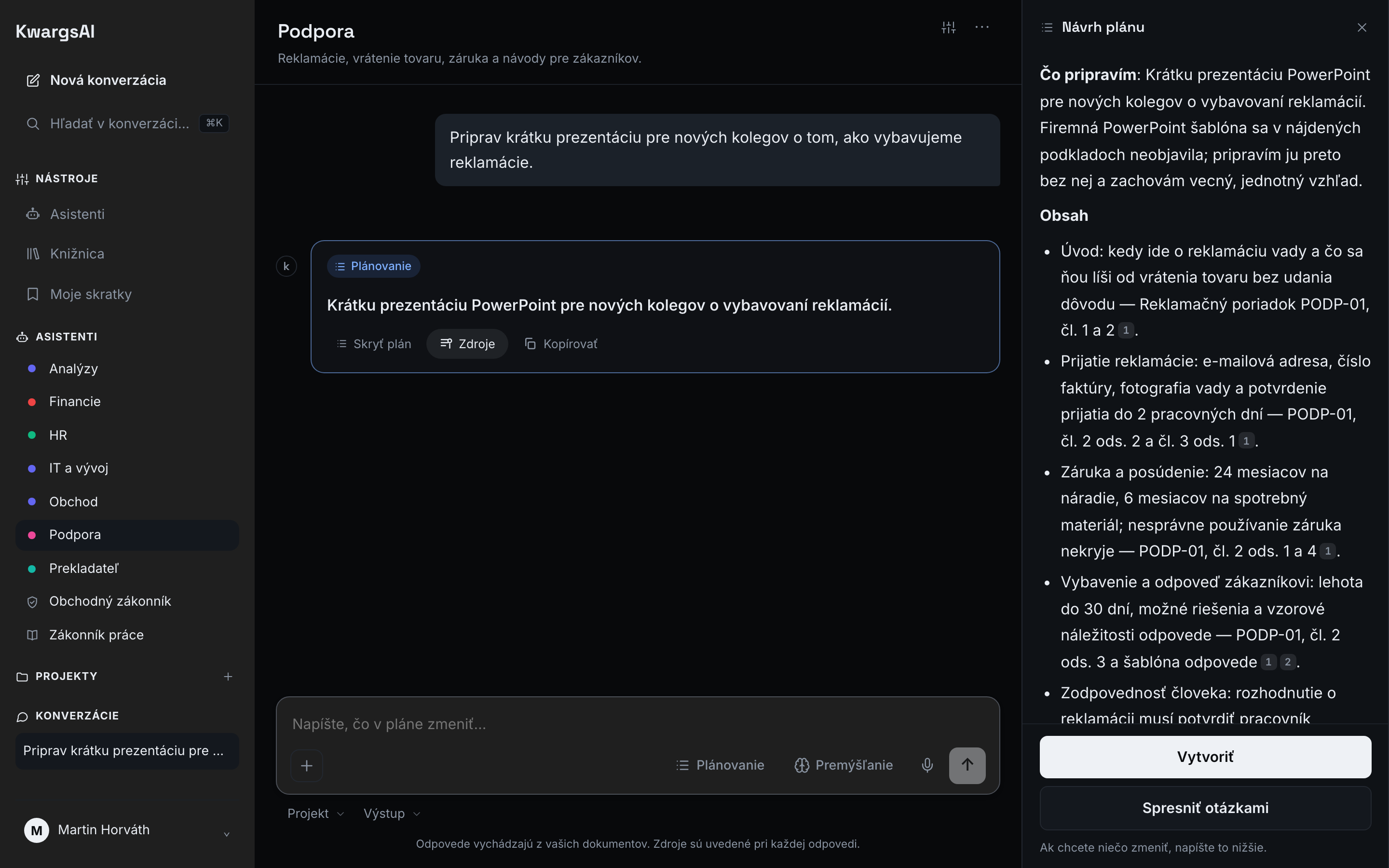 Plán v bočnom paneli s tlačidlami Pripraviť a Spresniť otázkami