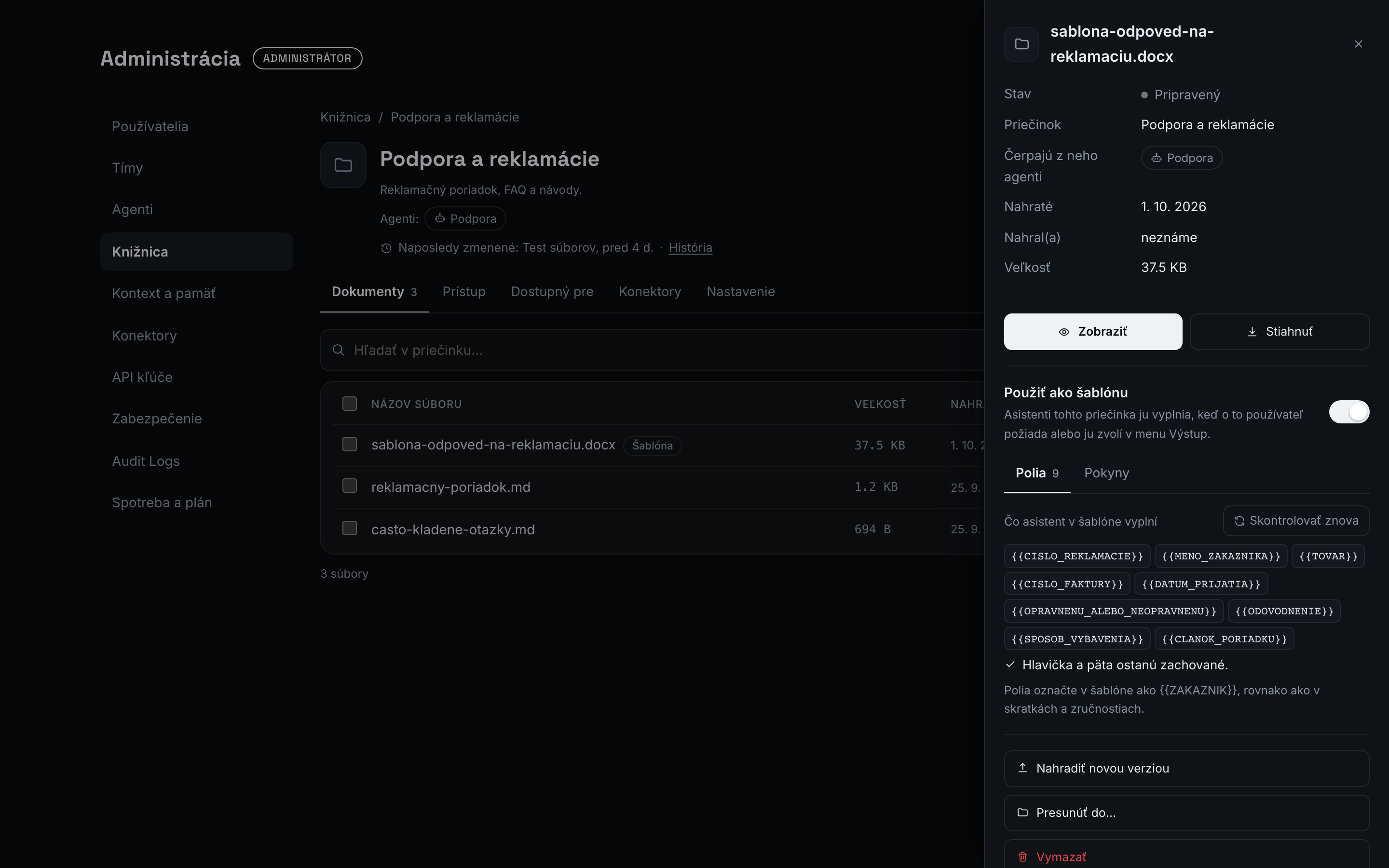 Panel dokumentu so zapnutou šablónou a záložkami Polia a Pokyny