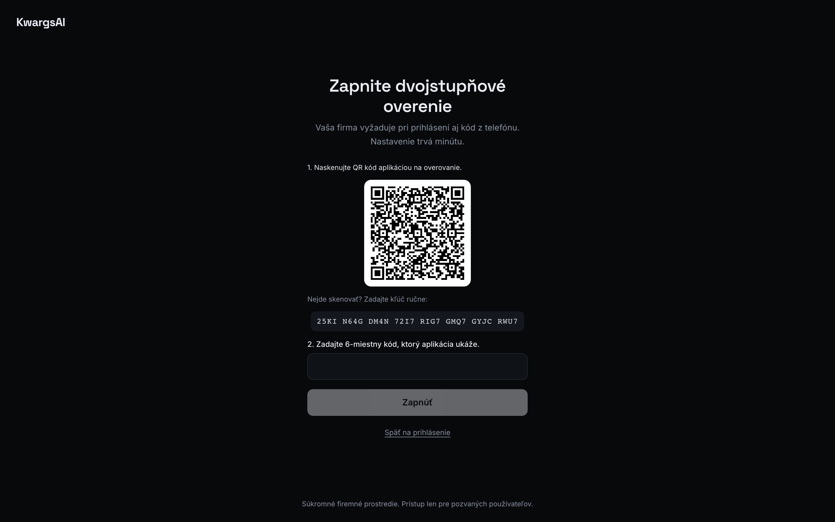Prihlásenie, keď firma vyžaduje dvojstupňové overenie: QR kód a prvý kód z aplikácie